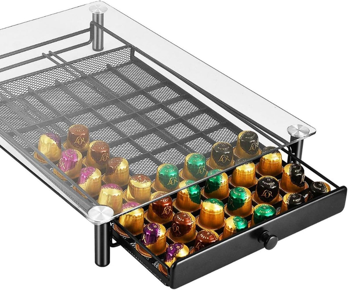 Clear Glass Coffee Pods Storage Drawer Organiser Large Capacity Espresso Pods Holder Stand with Metal Frame