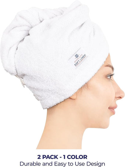 American Soft Linen 100% Cotton Hair Towels for Women, Head Towel Cap, Cotton Hair Turban Towel Wrap for Long Curly Anti Frizz Hair, Soft and Absorbent Cotton Hair Towels 2 Pack, White