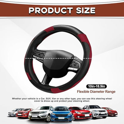 15" Car Steering Wheel Cover, Carbon Fiber Leather Stitching Elastic Steering Wheel Protector, Anti-Slip/Breathable/Durable/Soft, Interior Accessories for Most Cars (Carbon Fiber Black +Wine Red)