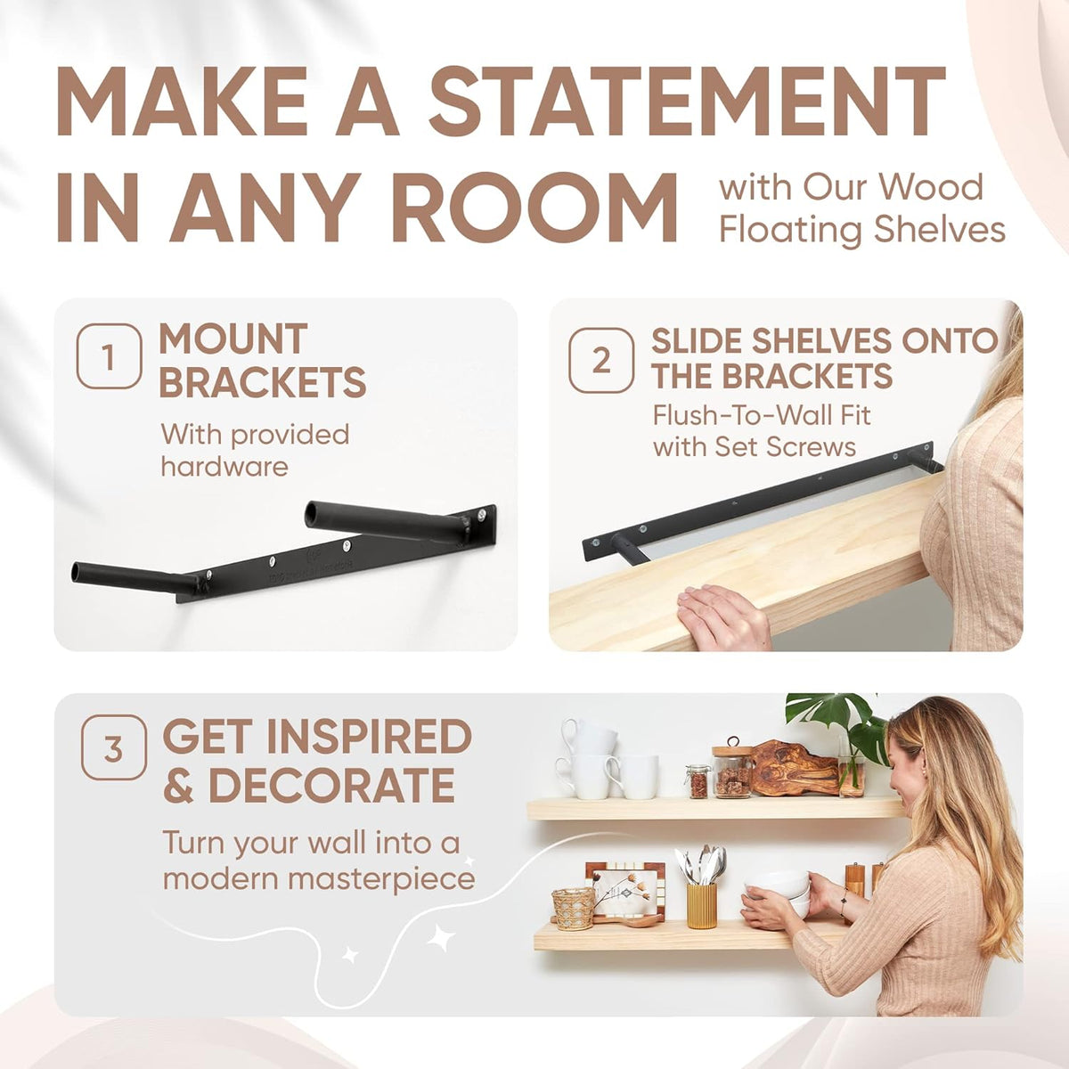 Homeforia 36 inch Wood Floating Shelves, High End Solid Natural Wood 36inch Large Floating Shelf Bathroom, Unfinished Wooden Floating Shelves for Wall, Heavy Duty Bracket, 36 X 6.5 X 1.75 in, Set of 4