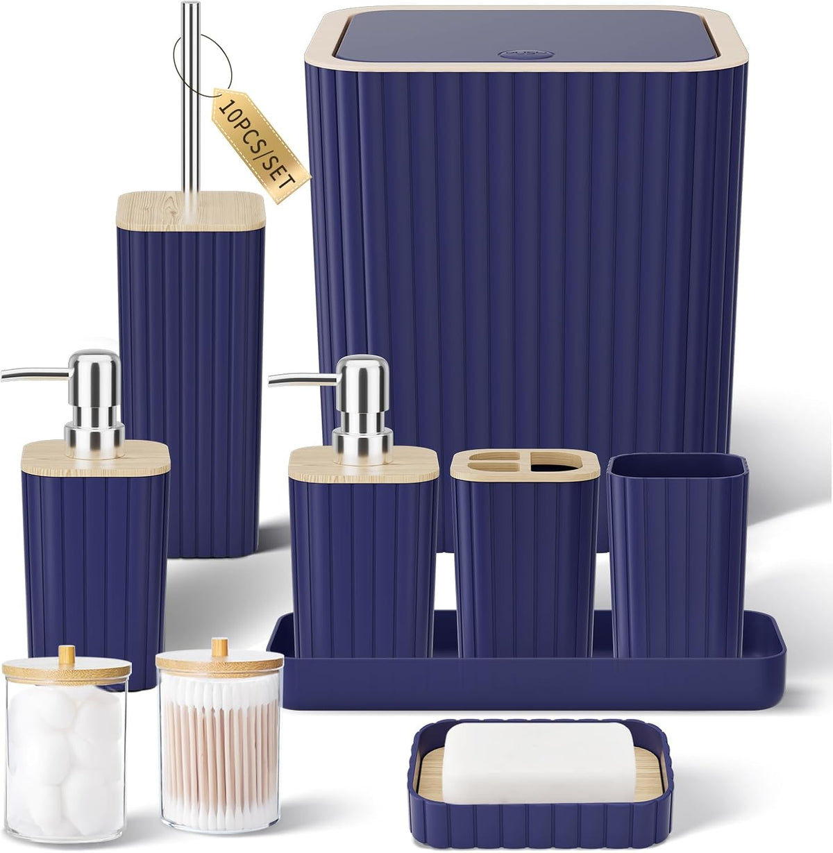 Bathroom Accessories Set - Elegant Blue Bathroom Set, 10PC Bathroom Accessory Set, Toilet Brush, Trash Can, Qtip Holder Dispenser & Soap Dispenser