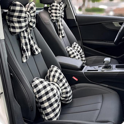 Car Accessories Plaid Bow Headrest Lumbar Pillow 4PCs Set Cotton Linen Elegant Soft Car Seat Cushions for Daily Commuting Trave (Black Plaid,Lumbar Pillow 2pcs)