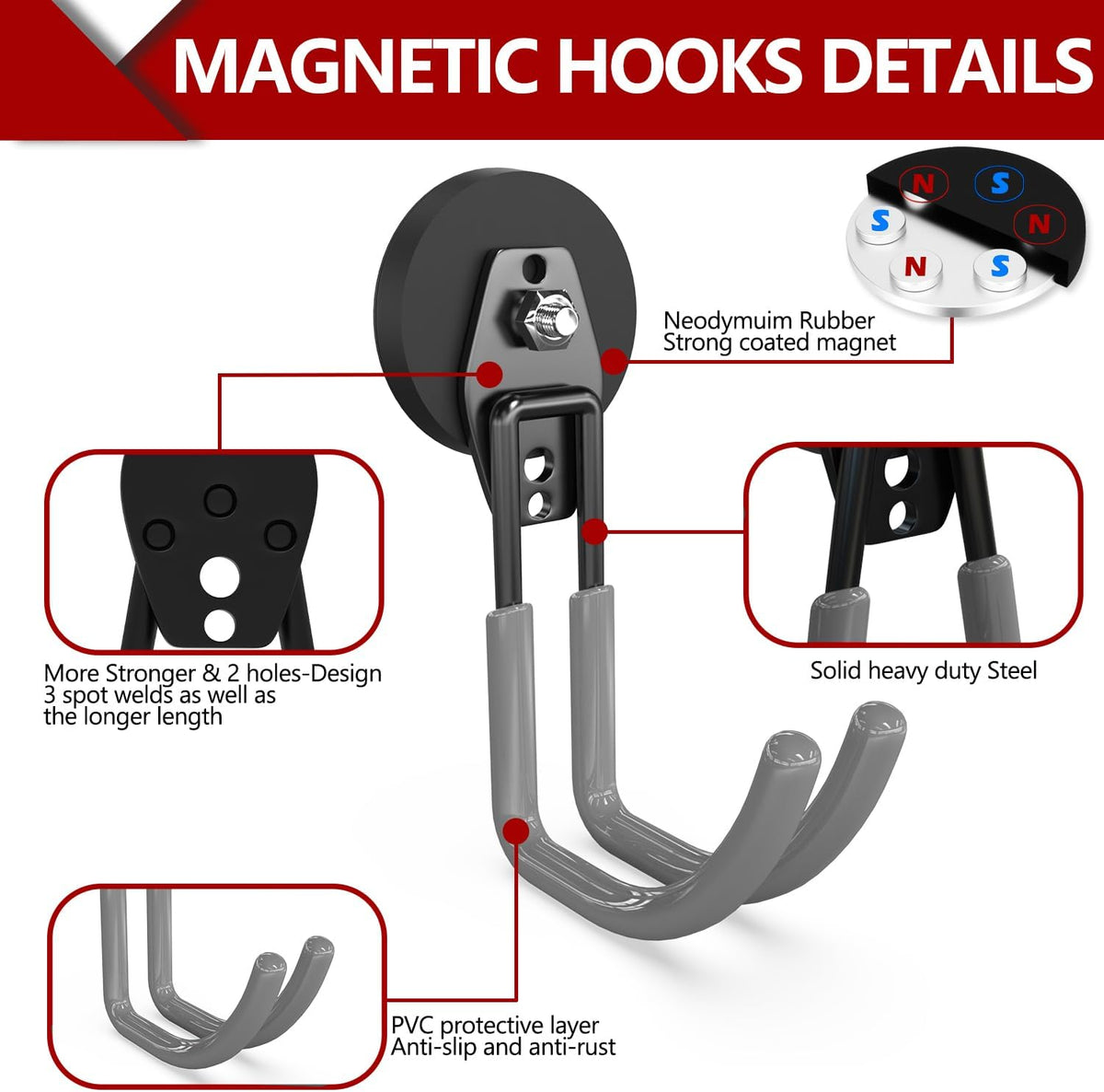 3-H Heavy Duty Magnet Garage Hooks 2 Pack, J Shape Strong Magnetic Hooks for Hanging Cordless Power Drill, Utility Magnetic Tool Holder for Metal Cabinet, Steel Pegboard, Toolbox, Garage(Grey)