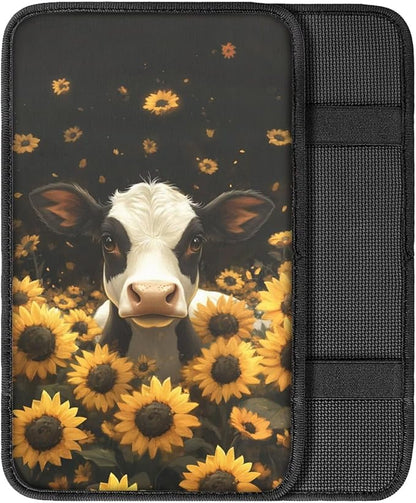 Cow Sunflower Print Armrest Cushion Cover for Car Neoprene Car Center Console Cushion Pad Non Slip Decorative Armrest Seat Box Cover for SUV Truck Sedan