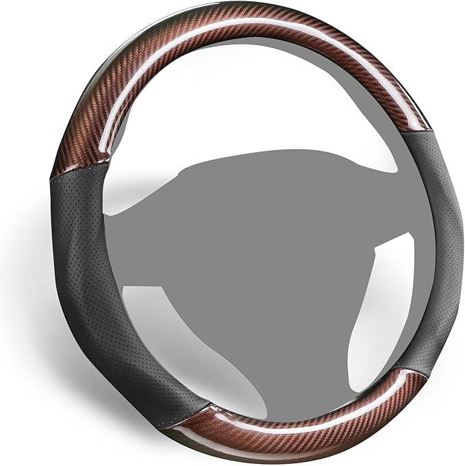 ALEMODR Brown Carbon Fiber Leather Steering Wheel Cover Universal 15 inch