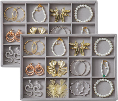 Large Velvet Jewelry Tray 2 Pack Stackable Jewelry Display Drawer Inserts Trays Organizer for Earring Bracelet Necklace Ring (Gray, 12 Grids)