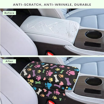 Dreaweet Colorful Dog Paw Center Console Cover for Car Thick Arm Rest Cover Pad Cute Car Armrest Cushion with Pockets Scratch Proof Universal Fit for SUV Sedan Truck