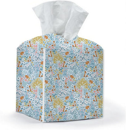 Tissue Box Cover, Tissue Box Holder, Square with Belt Bottom, PU Leather Decorative Organizer for Desk, Tabletop, Countertop Bathroom, Toilet Car, Bedside, Dresser Kitchen, Squirrel Flower Tree Decor