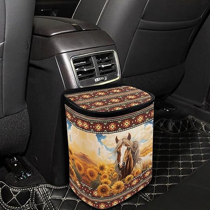 DISNIMO Western Horse Car Trash Can Bin with Lid Sunflower Car Garbage Can Leakproof Mini Car Accessories Trash Bin Car Dustbin Organizer Container for Car Office Home