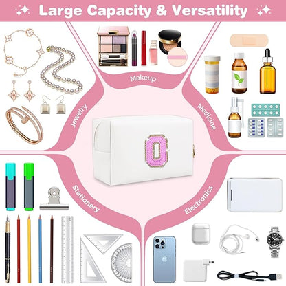 Small Initial Patch Makeup Bag Personalized Gifts Make Up Bag,White Cute PU Leather Glitter Letter Cosmetic Bag with Zipper,Trendy Portable Travel Toiletry Pouch,Preppy Stuff for Teen Girls Women O