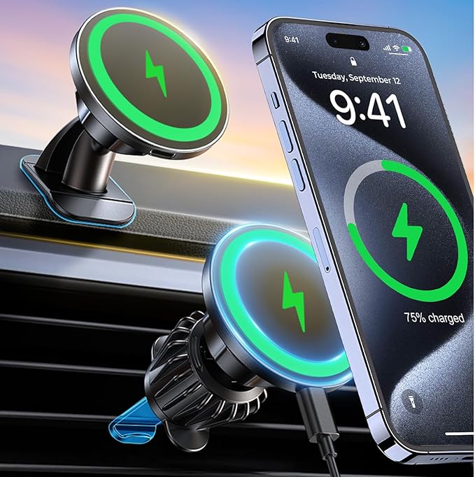 for MagSafe Car Mount Wireless Charger, 2-in-1 Dashboard and Air Vent Mount, Strong Adhesive, Heat Resistant, 360° Rotation, Magnetic Phone Holder for Your Car Accessories for iPhone 16/15 Pro Max