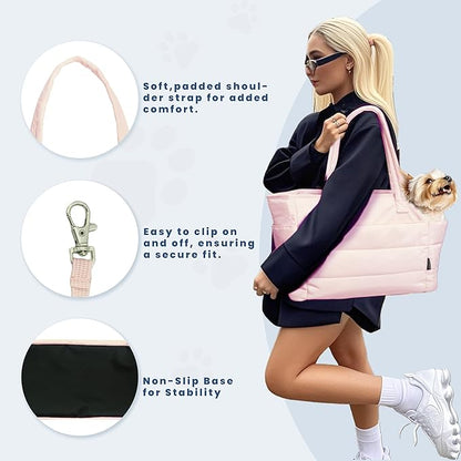 STRAODTIC Lightweight Dog Purse Carrier for Small Dogs Under 15 lbs, Puffy Quilted Pet Carrier Tote for Puppies with Safety Leash Clip, Women's Hands-Free Dog Carrier Bag for Travel/Shopping (Pink)