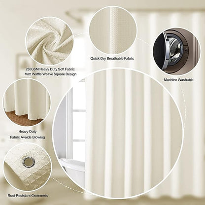 MISS SELECTEX Machine Washable Cloth Shower Curtain, Matt Waffle Durable Thick Cloth Shower Curtain for Bathroom,Premium Water Repellent Fabric Luxury Spa Hotel Shower Curtain(72Wx96H,Ecru/Beige)