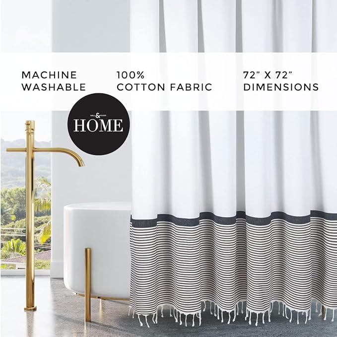 HALL & PERRY Modern Farmhouse Tassel Shower Curtain 100% Cotton Striped Fabric Shower Curtain with Tassels for Bathroom Décor (Tan, 72"x84")