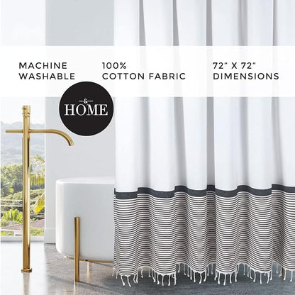 HALL & PERRY Modern Farmhouse Tassel Shower Curtain 100% Cotton Striped Fabric Shower Curtain with Tassels for Bathroom Décor (Tan, 72"x84")