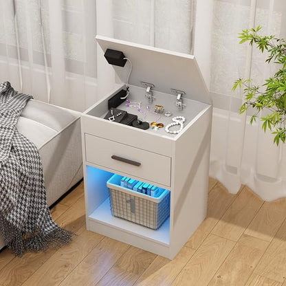 Auromie Nightstand with Charging Station and LED Lights, Concealment Furniture