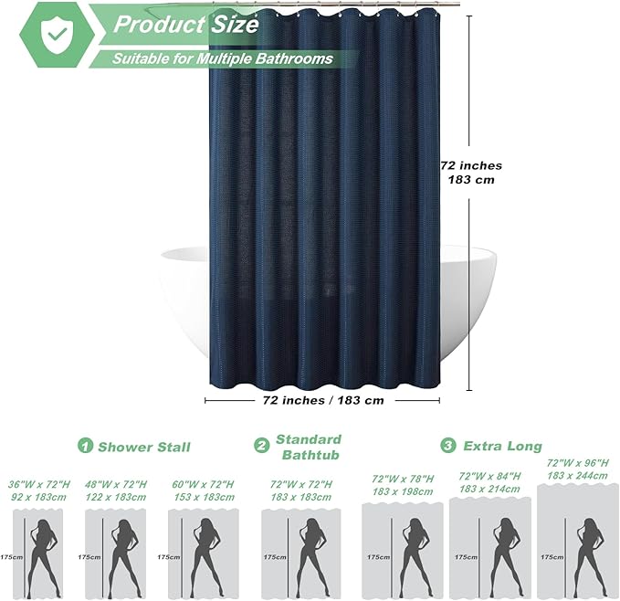 meioro Navy Blue Shower Curtain, Waffle Weave 256GSM Heavy Duty Textured Fabric Shower Curtains for Bathroom Hotel Spa, Luxury Weighted Polyester Cloth Bath Curtain Set with 12 Hooks, 72Wx78H