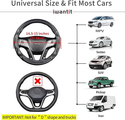 Iwantit® Steering Wheel Cover with 3D Honeycomb Anti-Slip Design and Breathable Fabrics, Universal 14.5-15 Inch (White/Black)
