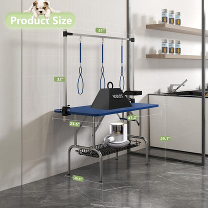 VFK 47'' Large Dog Grooming Table Stainless Steel Foldable Grooming Table for Dogs at Home Adjustable Height Arms Pet Station with Nooses, Mesh Tray, Tool Organizer