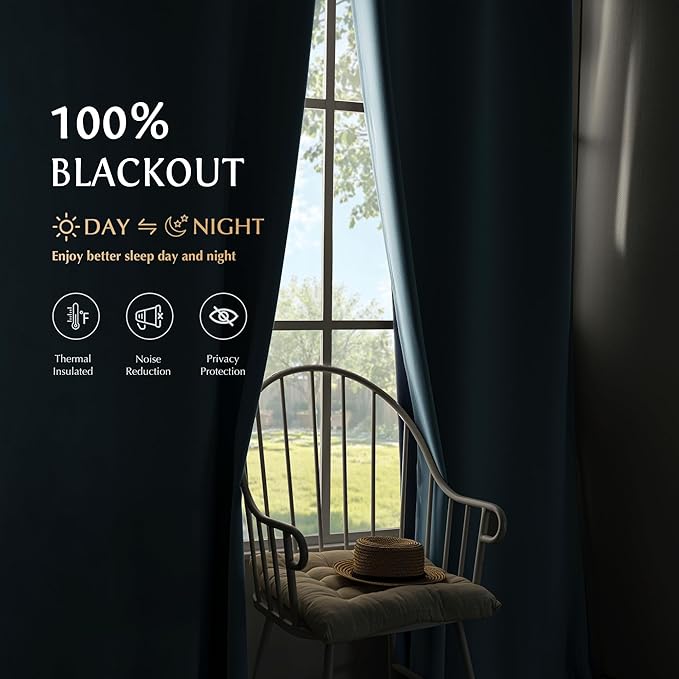 Beauoop Dusty Blue 100% Blackout Curtains 63 Inch Long 2 Panels