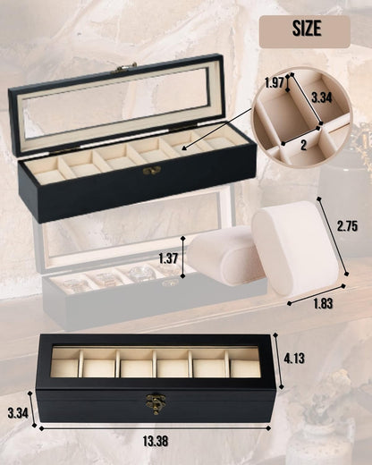 Watch Box, Watch Case for Men Women with Large Glass Lid, Wooden Watch Display Storage Box with 6 - Slots, Charcoal Black Mens Watch Box Organizer
