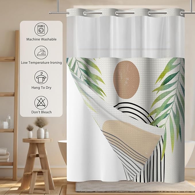 GICDSU No Hook Shower Curtain with Snap in Liner, Waffle Shower Curtain Set for Bathroom, Mid Century Style with Semi-Sheer Top Window, Waterproof & Washable, 71" W x 80" L