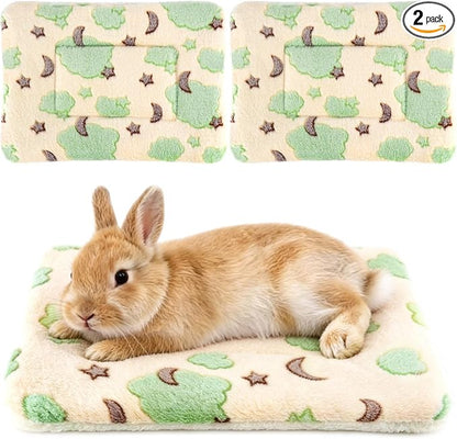 2 Pcs Bunny Bed, Washable Rabbit Bed, Double-Sided Fleece Sleeping Pad for Guinea Pig, Dwarf Rabbit, Chinchilla, Ferret, Hamster, Warm Small Animal Cage Mat, 13x10in, Yellow Star & Moon