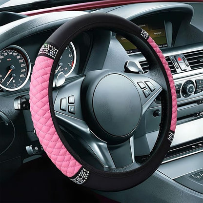 Bling Soft Leather Steering Wheel Cover, 15" Anti-Slip Sparkly Crystal Auto Elastic Steering Wheel Protector for Women Girl, Colorful Diamond Car Interior Accessory for Most Cars (Pink)