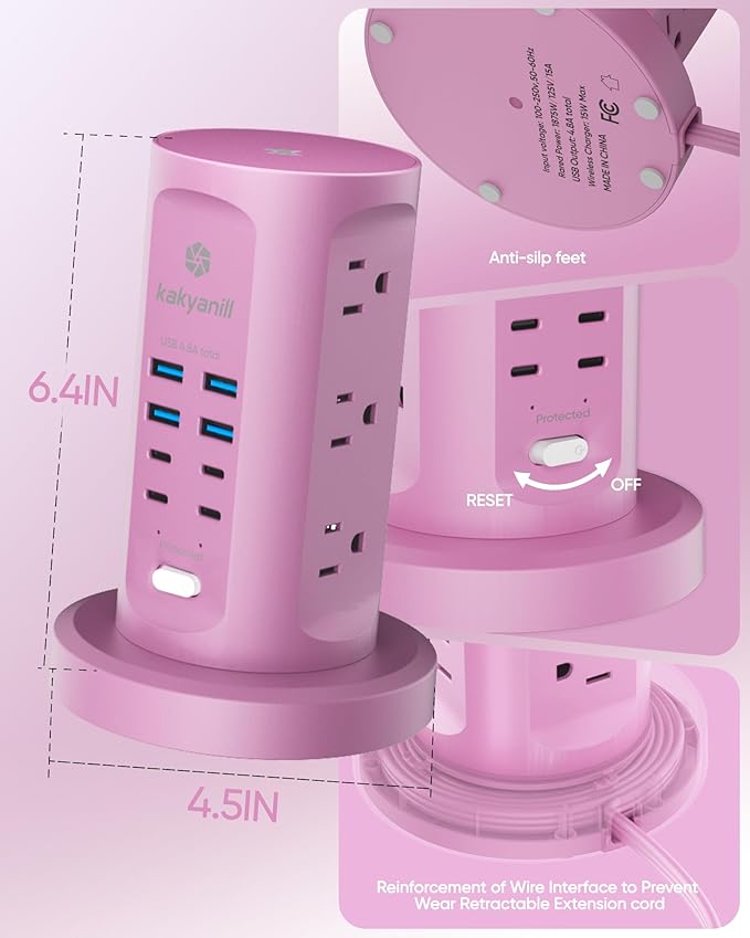 Power Strip Tower, kakyanill Surge Protector Tower 9 AC Outlets 8 USB, 6 Ft