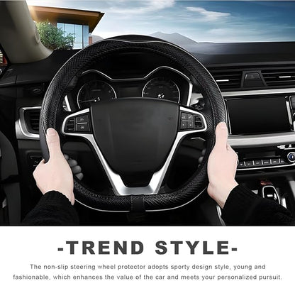 Car Steering Wheel Cover, 15 Inch Anti-Slip Breathable Leather Auto Steering Wheel Protector, Full Surround Soft Steering Wheel Cover for Men Women, Car Interior Accessories (Black & Gray)