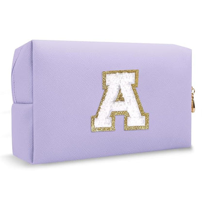 Personalized Makeup Bag Initial A-Z Preppy Patch Bag,Small PU Leather Travel Cosmetic Bag Pouch with Zipper,Purple Cute Toiletry Bag,Gift Ideal for Teen Girls Women Birthday Friend Mom,Latter A