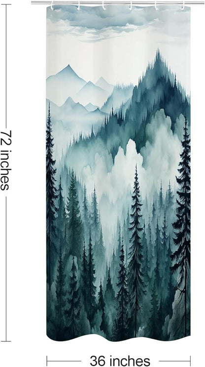 Litabel Peacock Blue Small Stall Misty Pine Forest Shower Curtain 36 x 72, Mountain Foggy Woodland Scenery Tree Narrow Half Size Shower Curtains for Bathroom, Abstract Waterproof Nature-Themed Decor