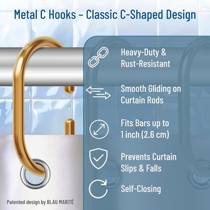 12 Metal Shower Curtain Hooks, Rust-Proof Decorative C-Shaped Curtain Hooks for Bathroom, Golden Shower Curtain Rings, Fits Rods Up to 1 Inch (C, Gold)