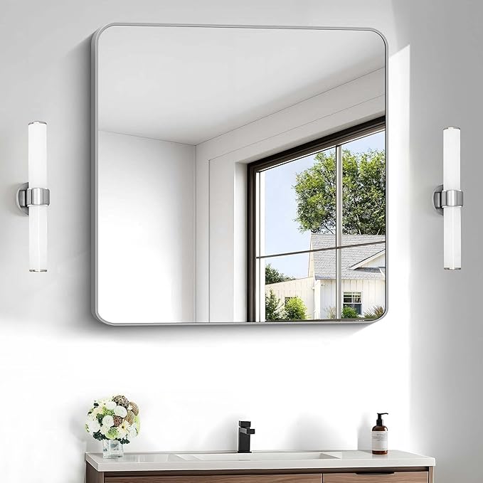Silver Bathroom Mirror, 30 x 30 Inch Silver Square Mirror, Metal Framed