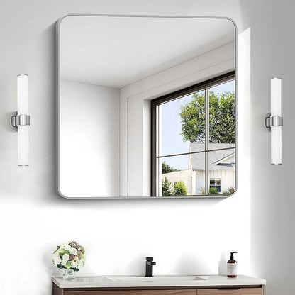 Silver Bathroom Mirror, 30 x 30 Inch Silver Square Mirror, Metal Framed