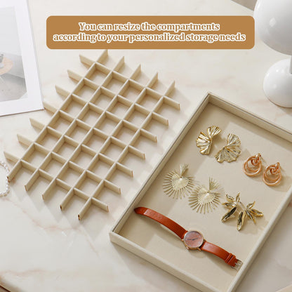 Large Jewelry Organizer for Drawer Insert Velvet Stackable Jewelry Trays for Earring Necklace Bracelet Ring Display (Beige, 48 Grids)