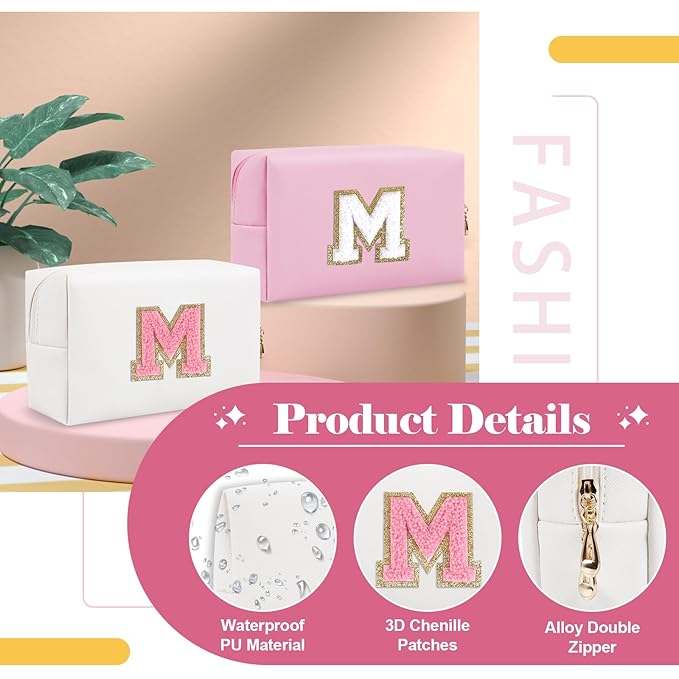 Personalized Makeup Bag Initial A-Z Preppy Patch Bag,Small PU Leather Travel Cosmetic Bag Pouch with Zipper,White Cute Toiletry Bag,Gift Ideal for Teen Girls Women Birthday Friend Mom,Letter M