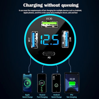 Car Charger Adapter, 4-Port Cigarette Lighter USB Charger Adapter with Voltmeter PD 3.0 & QC 3.0 Car USB Charger Multi Port Accessories Fast Charging for iPhone, Samsung, iPad & Phone Tablets