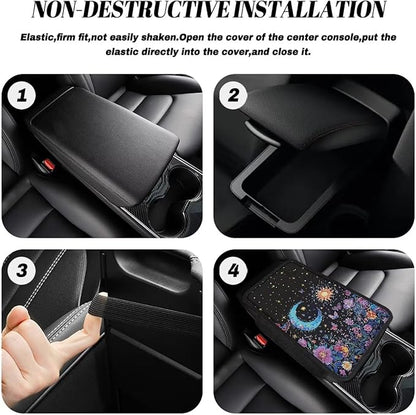 Dreaweet Car Center Console Cover Sun and Moon Floral Car Accessories for Women Girly,Car Armrest Cover with Storage Pockets Universal Arm Rest Center Console Cushion Pad Soft & Comfy