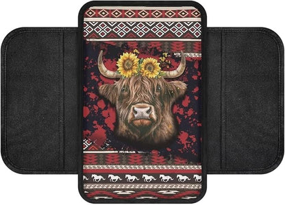 BIGCARJOB Tribal Cow Print Car Armrest Seat Box Cover with Side Storage,Southwest Tribal Print Car Interior Accessories Universal Center Console Armrest Pads for Cars SUV Truck