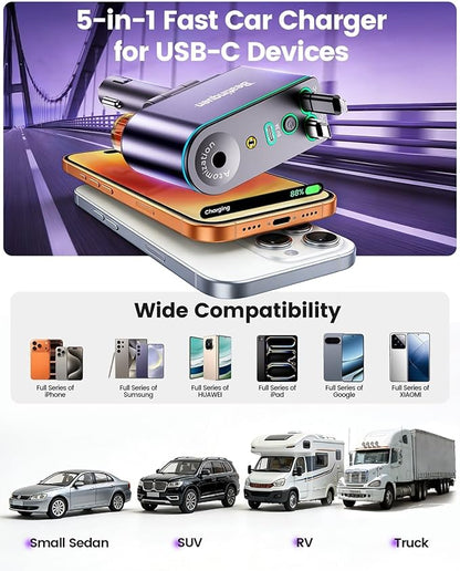 【2026 Upgrade】 5 in 1 Retractable Car Charger USB C - Fast Charging Retractable Car Phone Charger with Car Air Freshener Diffuser - 66W Cigarette Lighter Adapter USB-C/Type-C for iPhone17/16/15/14