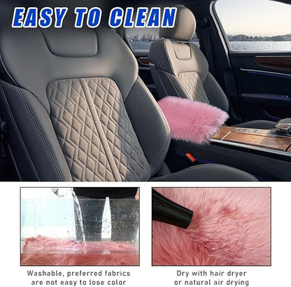 Furry Car Center Console Cover, 11.8"×7.9" Sheepskin Wool Armrest Box Cushion Pad, Comfort Soft Auto Center Console Protector, Interior Decor Accessories for Most Vehicles (Pink)