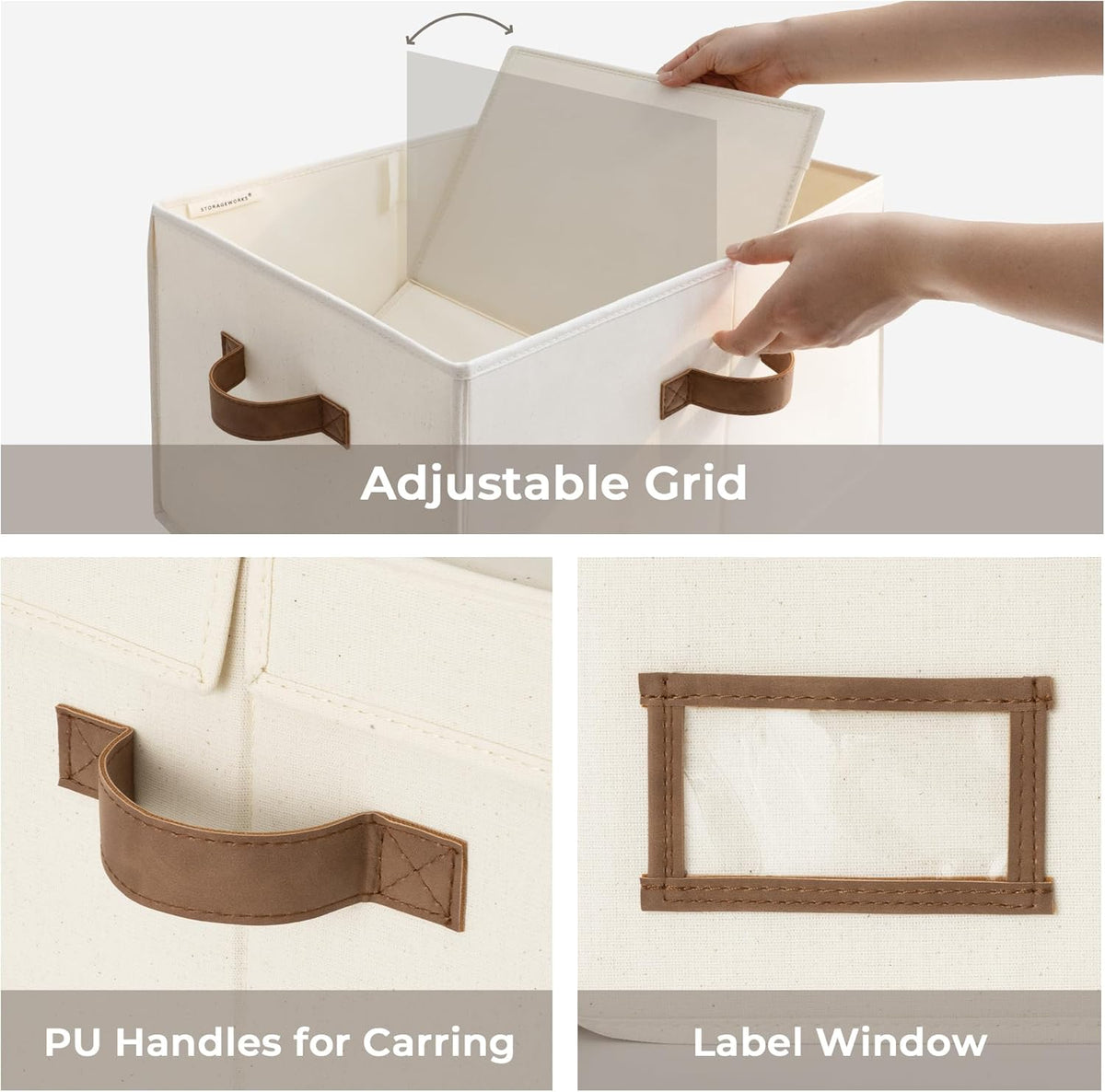 StorageWorks Large Clothes Storage Bins, Fabric Boxes with Divider Board, Baskets for Clothes, Linen Closet Organizers with Lid, Ivory White, 2-Pack