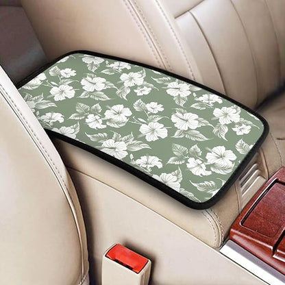 Hibiscus Flower Print Center Console Cover Tropical Floral Comfortable Armrest Pad Protector Car Accessories, Green Scratch Resistant Middle Arm Rest Console Covers