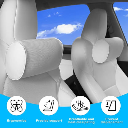 Car Headrest Pillow for Driving - Luxury Leather 100% Memory Foam, Ergonomic Neck Support - Universal Fit Head Rest Travel Pillow for Most Cars, Home & Office, White, 2 Pack