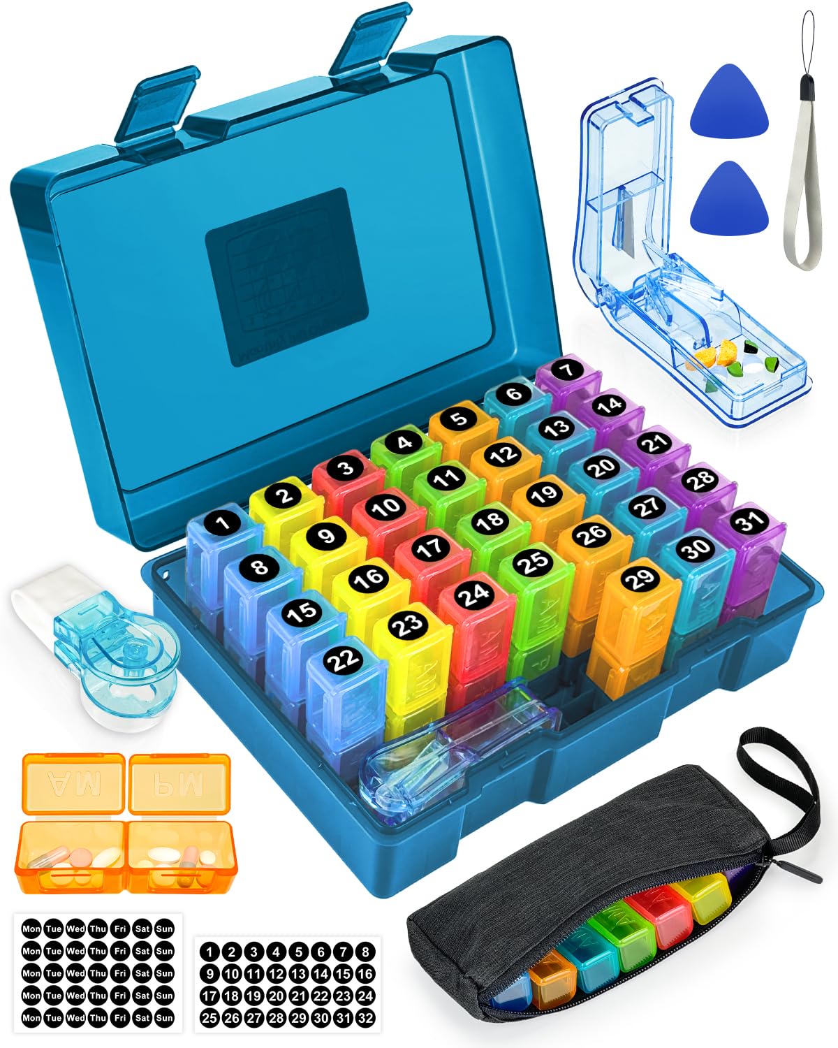 Monthly Pill Organizer 2 Times a Day, FRIWOLE Medicine Box with Portable Weekly Pill Bag, Keychain Pill Case, Pill Cutter and 2 Sticker(Blue, 2 Times a Day)