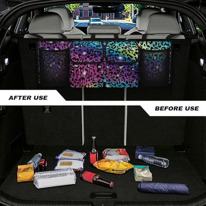 Car Trunk Organizer, Universal Car Organizers and Storage Backseat Car Organizer for SUV/Truck/MPV, Reusable Space-Saving Hanging Car Organization with 4 Pocekts, Colorful Leopard Print