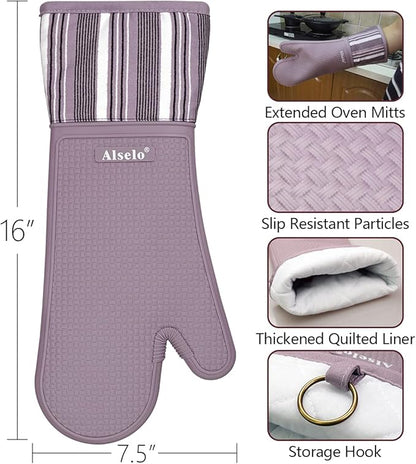 Silicone Oven Mitts Heat Resistant 550 Degree Extra Long Kitchen Gloves Pot Holders with Waterproof and Non-Silp for Baking Cooking Barbecue Microwave Machine Washable (Extra Long Purple, 2)