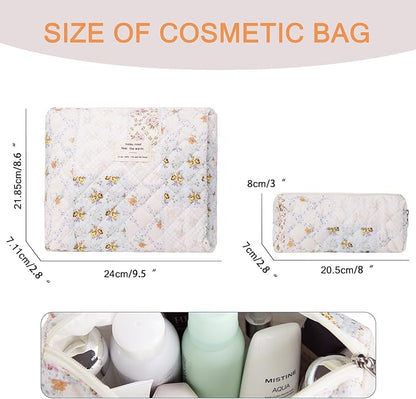 Gosect 2PC Makeup Bag Set, Cute Cosmetic Bag for Women Girls, Floral Coquette Aesthetic Toiletry Bag, Travel Make Up Organizer Bag (Folk Style)
