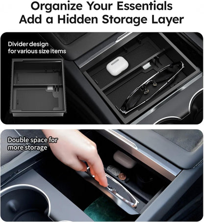4PCS Upgraded Tesla Model Y Juniper (2024–2026) Accessories & Tesla Model 3 (2025 Highland) Accessories Center Console Organizer, Hidden Storage Box, Cup Holder, and Armrest Drawer Organizer